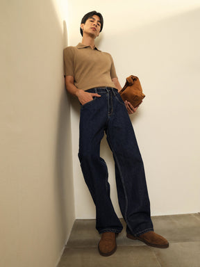 Navy Blue Relax Fit Jeans-MASCLN SASSAFRAS
