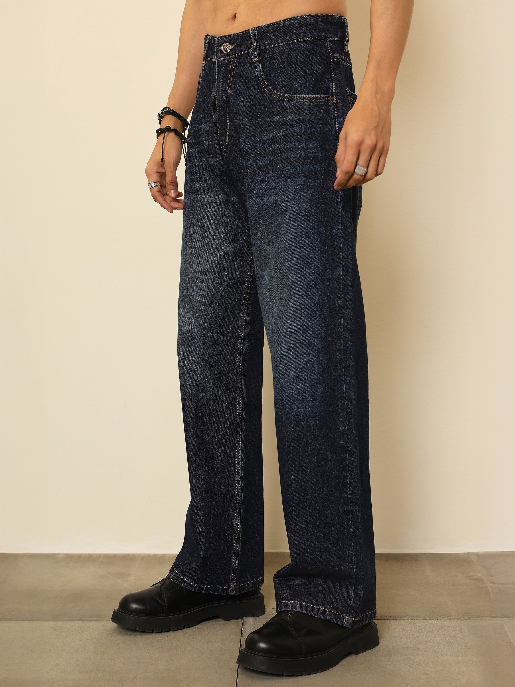 Blue Whisker Wash Relax Fit Jeans-MASCLN SASSAFRAS