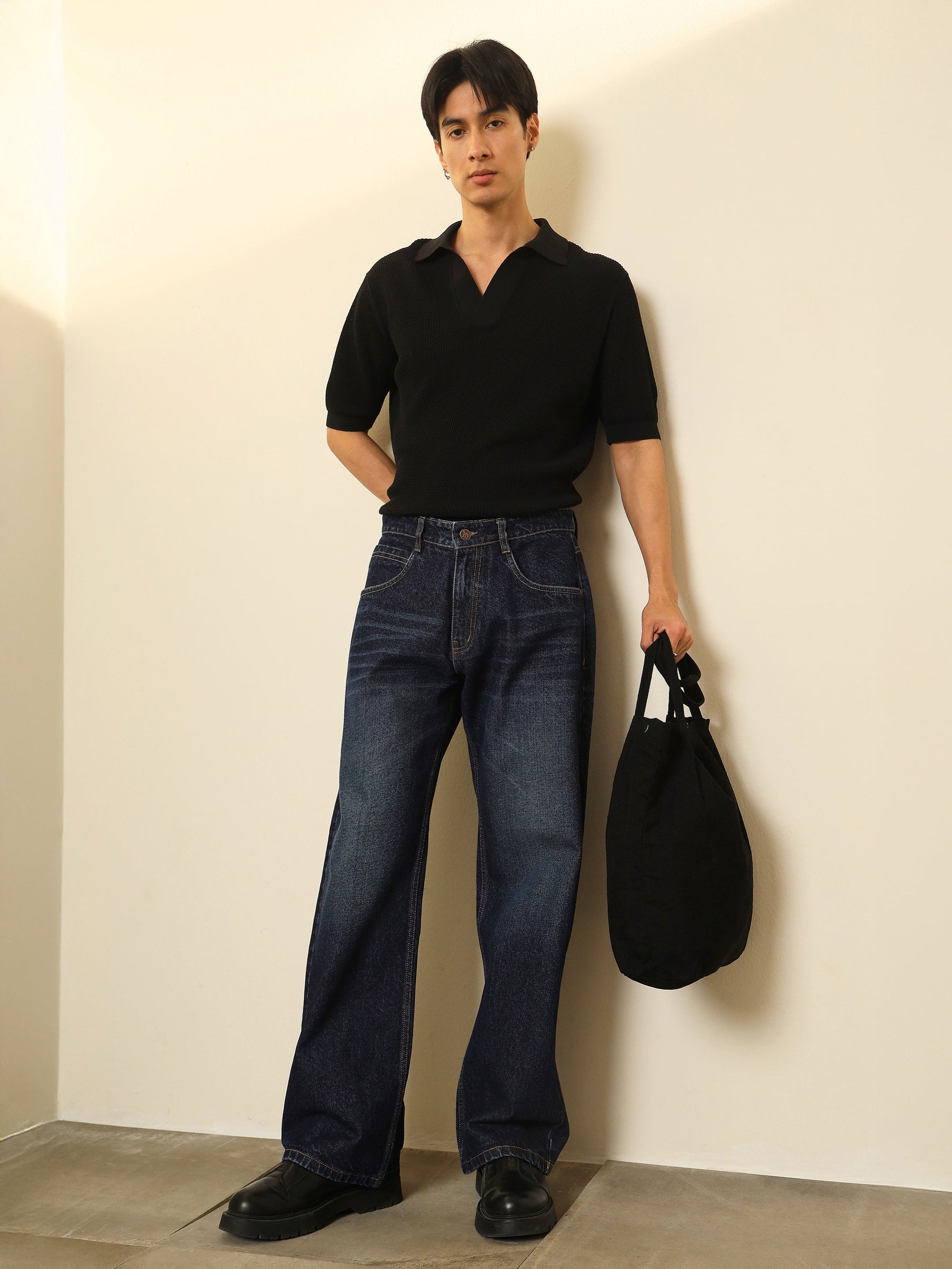 Blue Whisker Wash Relax Fit Jeans-MASCLN SASSAFRAS