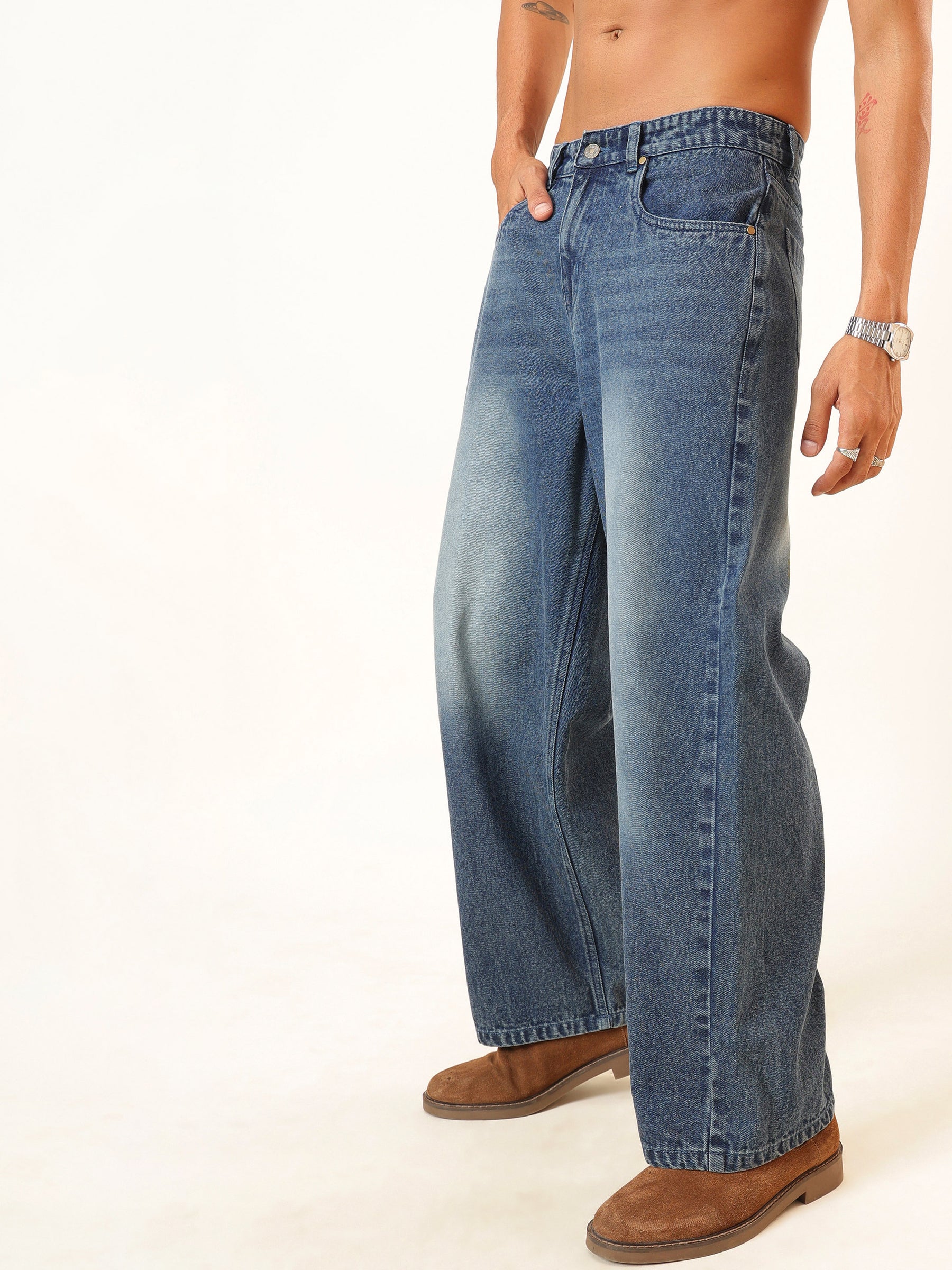 Blue Wash Basic Wide Leg Jeans-MASCLN SASSAFRAS