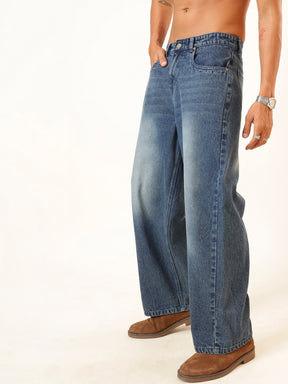 Blue Wash Basic Wide Leg Jeans-MASCLN SASSAFRAS