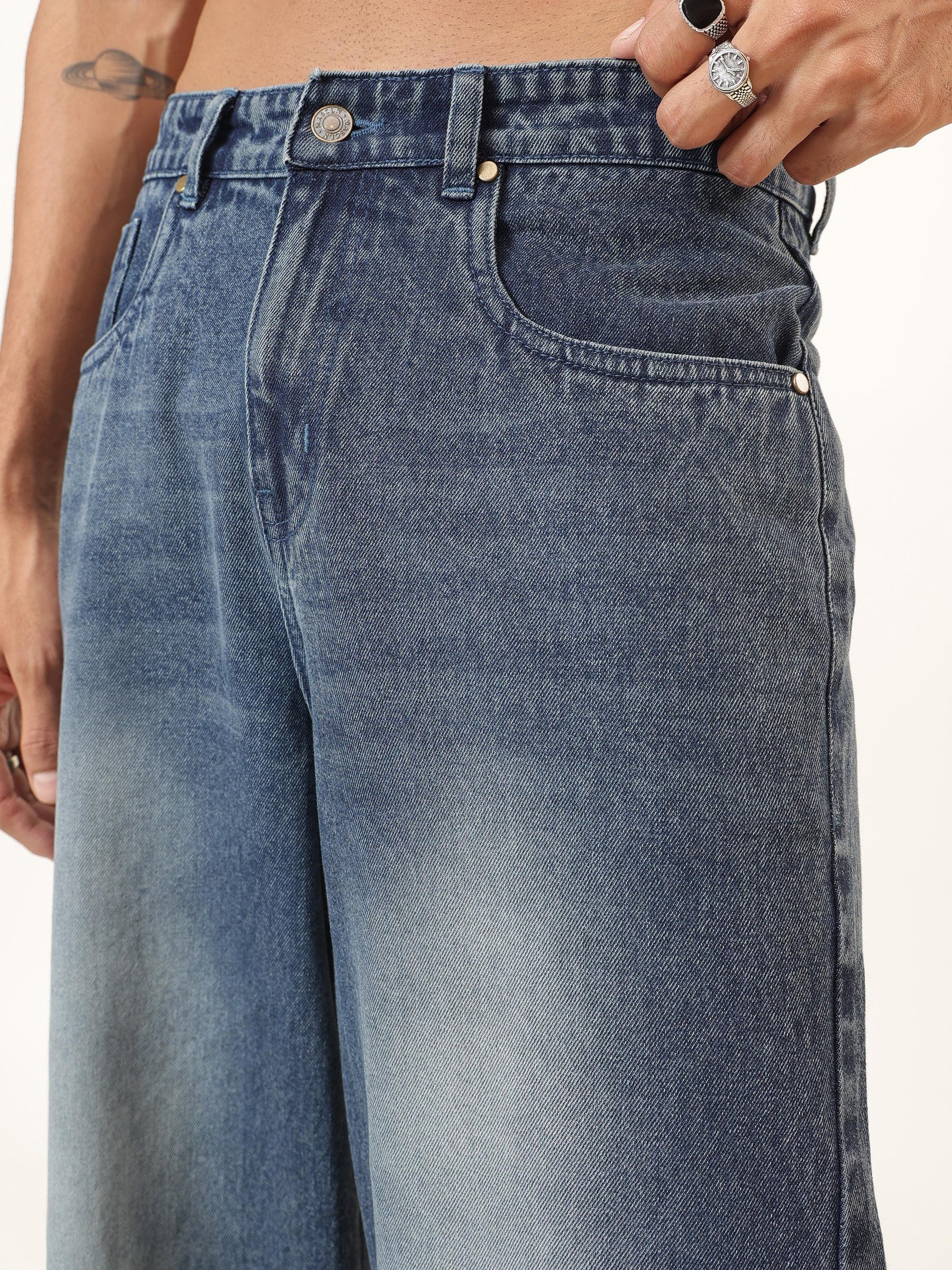 Blue Wash Basic Wide Leg Jeans-MASCLN SASSAFRAS