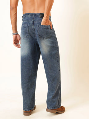 Men Blue Wash Basic Wide Leg Jeans