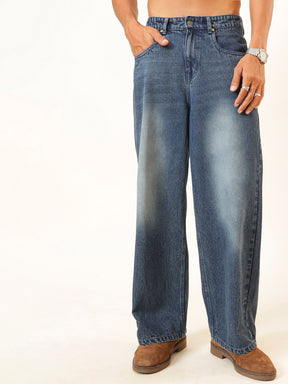 Men Blue Wash Basic Wide Leg Jeans
