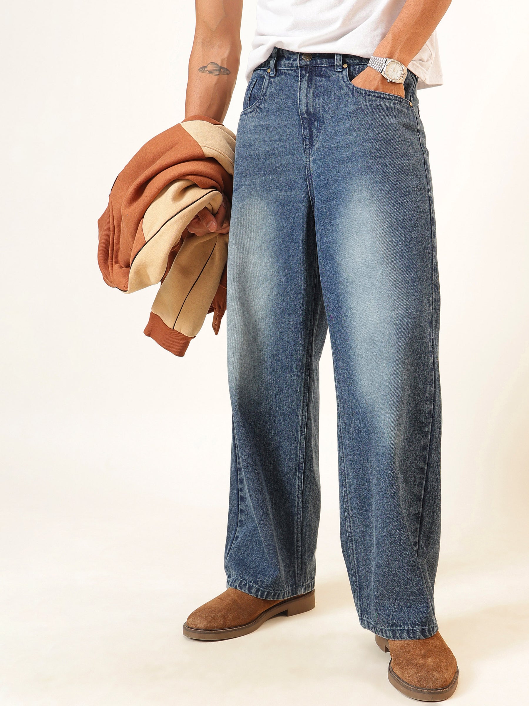 Men Blue Wash Basic Wide Leg Jeans