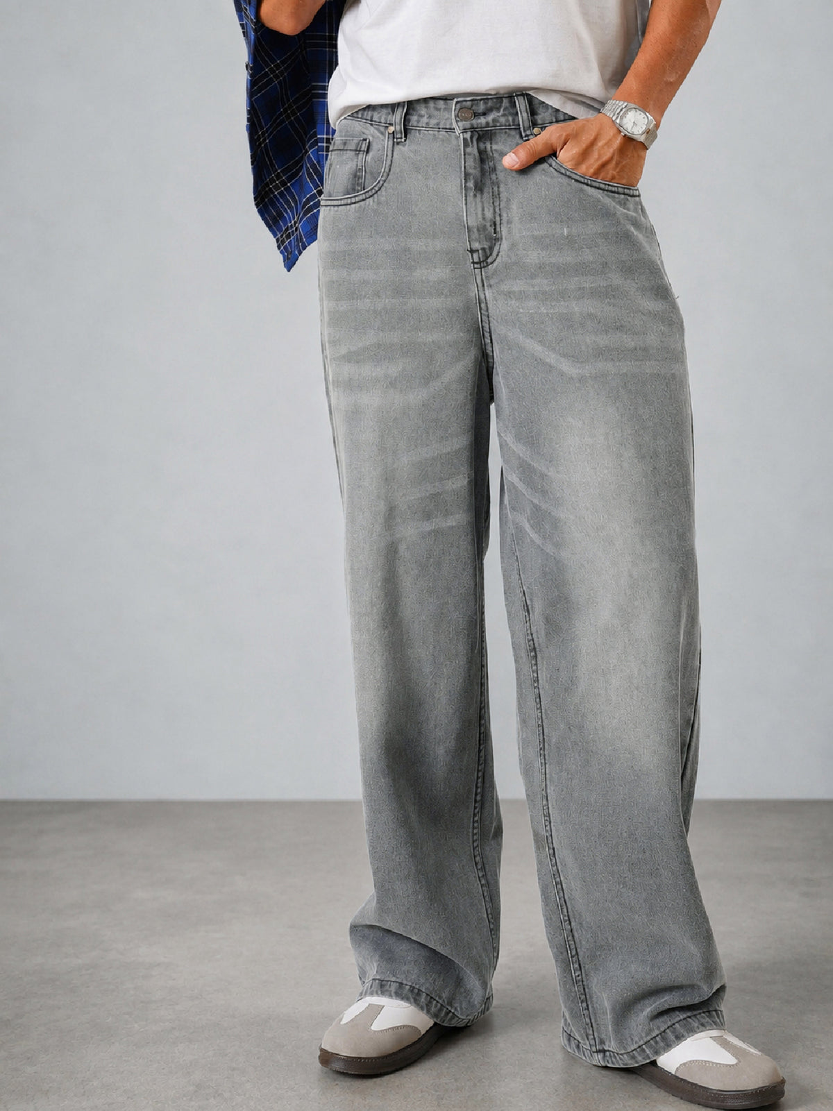 Light Grey Wisker Wash Basic Wide Leg Jeans-MASCLN SASSAFRAS