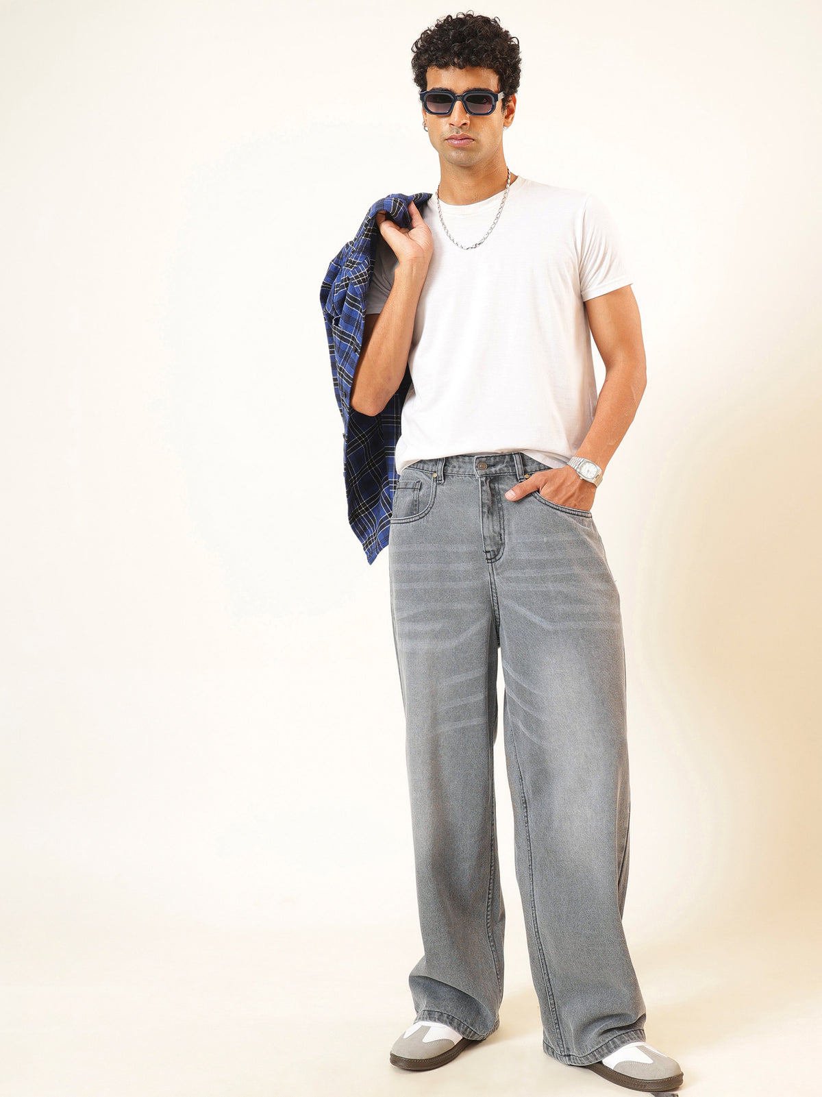 Light Grey Wisker Wash Basic Wide Leg Jeans-MASCLN SASSAFRAS