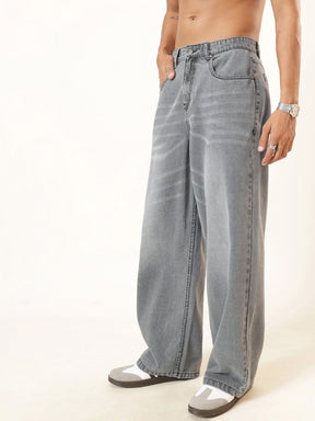Light Grey Wisker Wash Basic Wide Leg Jeans-MASCLN SASSAFRAS