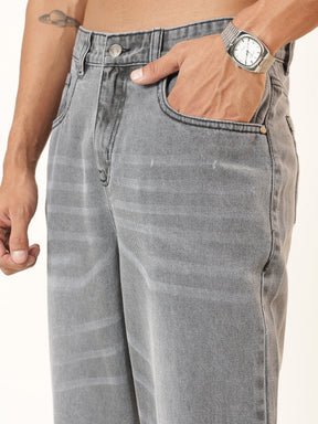 Light Grey Wisker Wash Basic Wide Leg Jeans-MASCLN SASSAFRAS