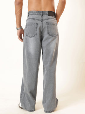 Men Light Grey Wisker Wash Basic Wide Leg Jeans