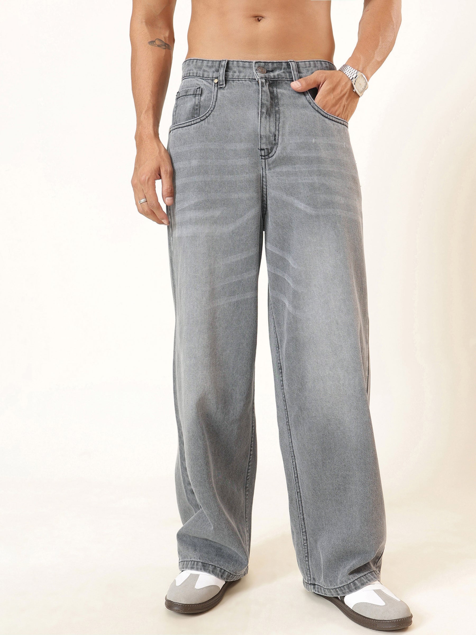Men Light Grey Wisker Wash Basic Wide Leg Jeans