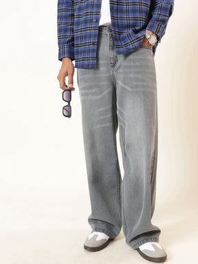 Men Light Grey Wisker Wash Basic Wide Leg Jeans