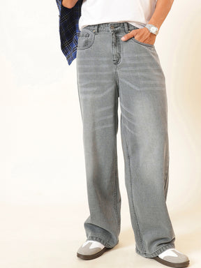 Men Light Grey Wisker Wash Basic Wide Leg Jeans