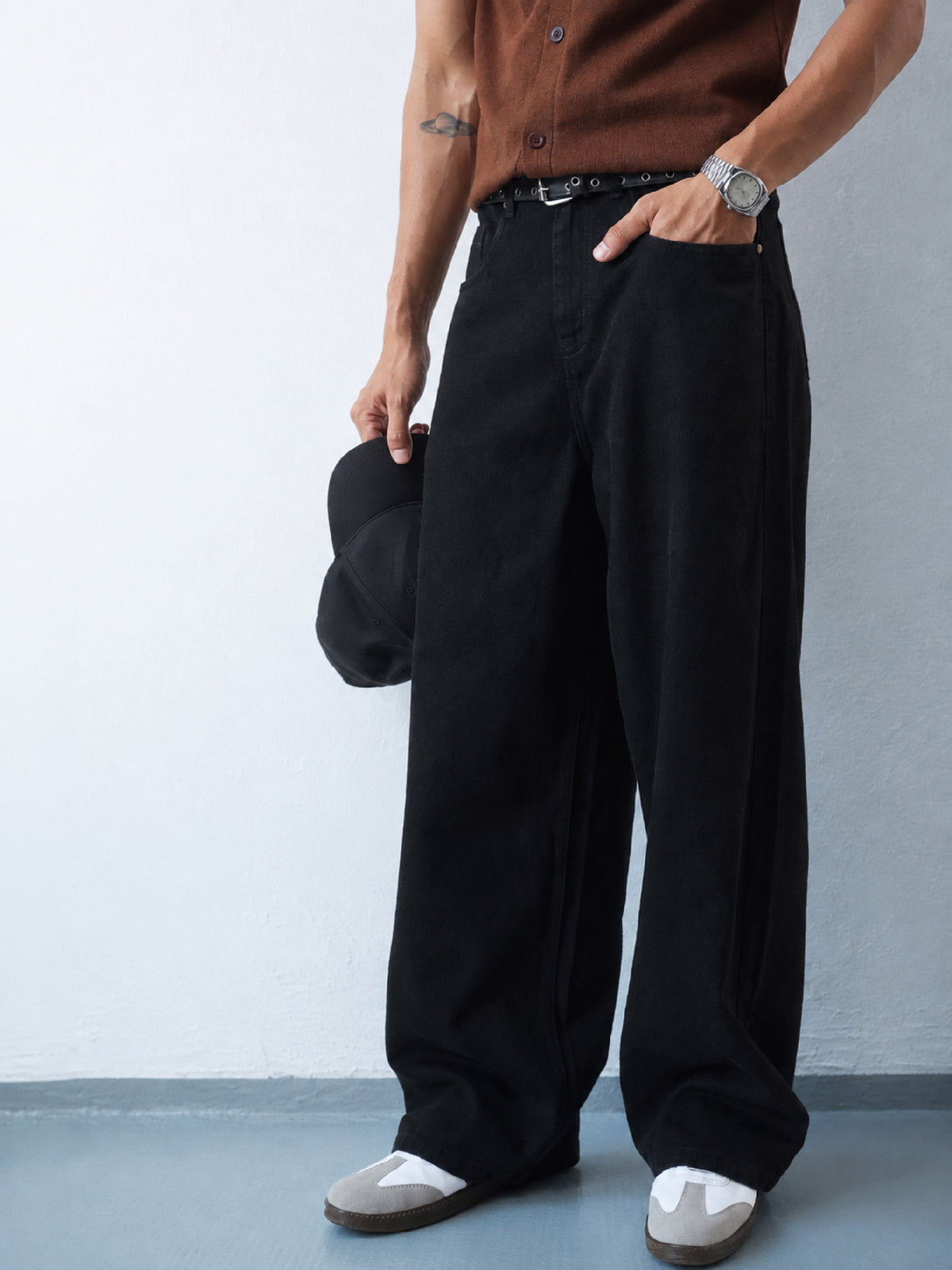 Black Basic Wide Leg Jeans-MASCLN SASSAFRAS