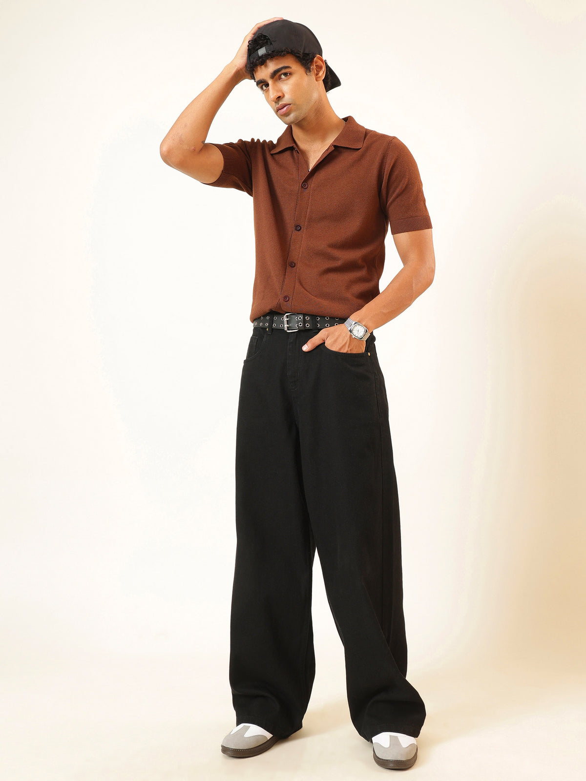 Black Basic Wide Leg Jeans-MASCLN SASSAFRAS