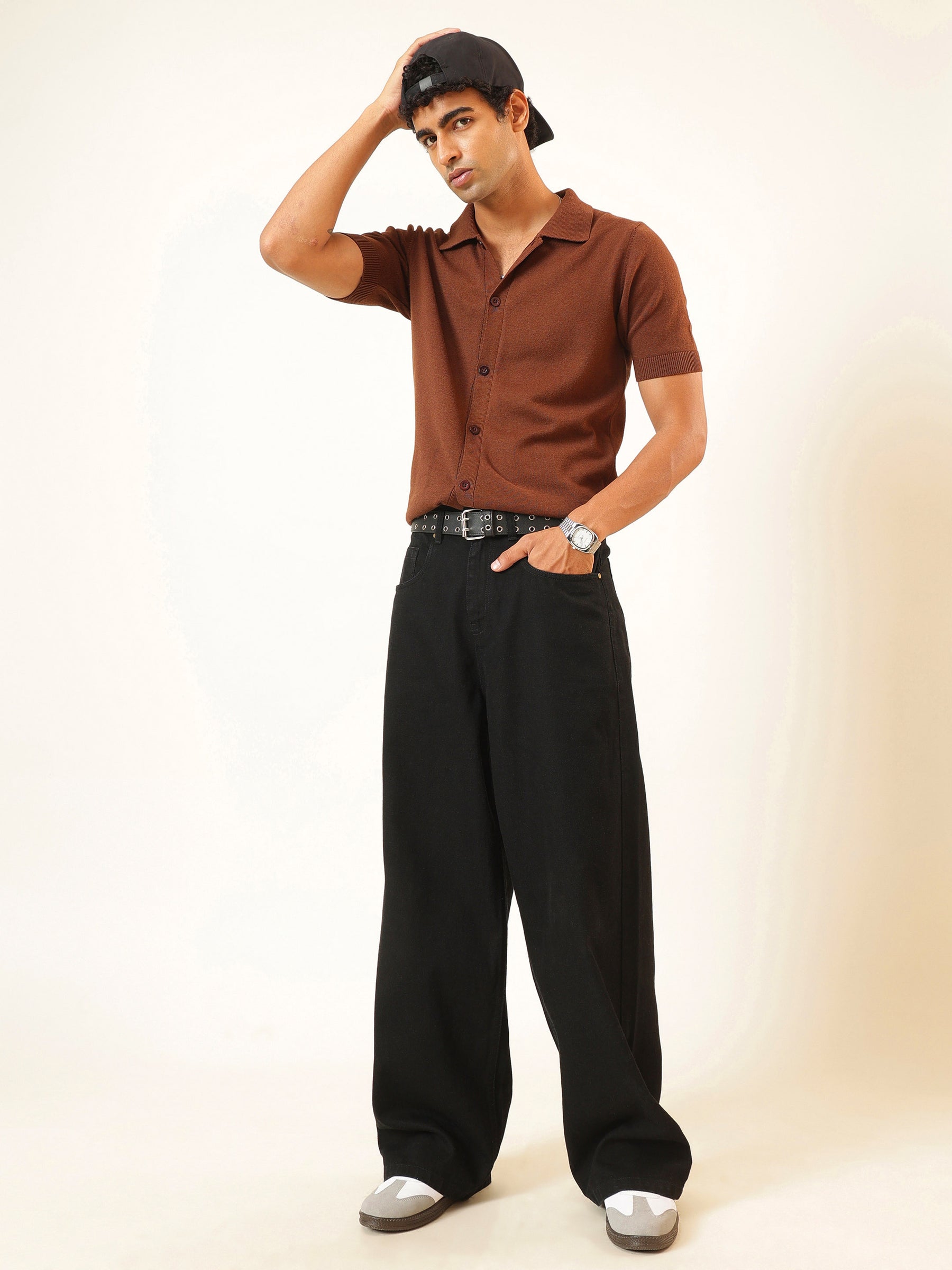 Black Basic Wide Leg Jeans-MASCLN SASSAFRAS