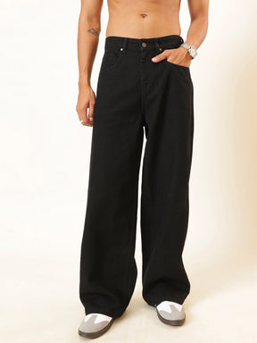 Men Black Basic Wide Leg Jeans