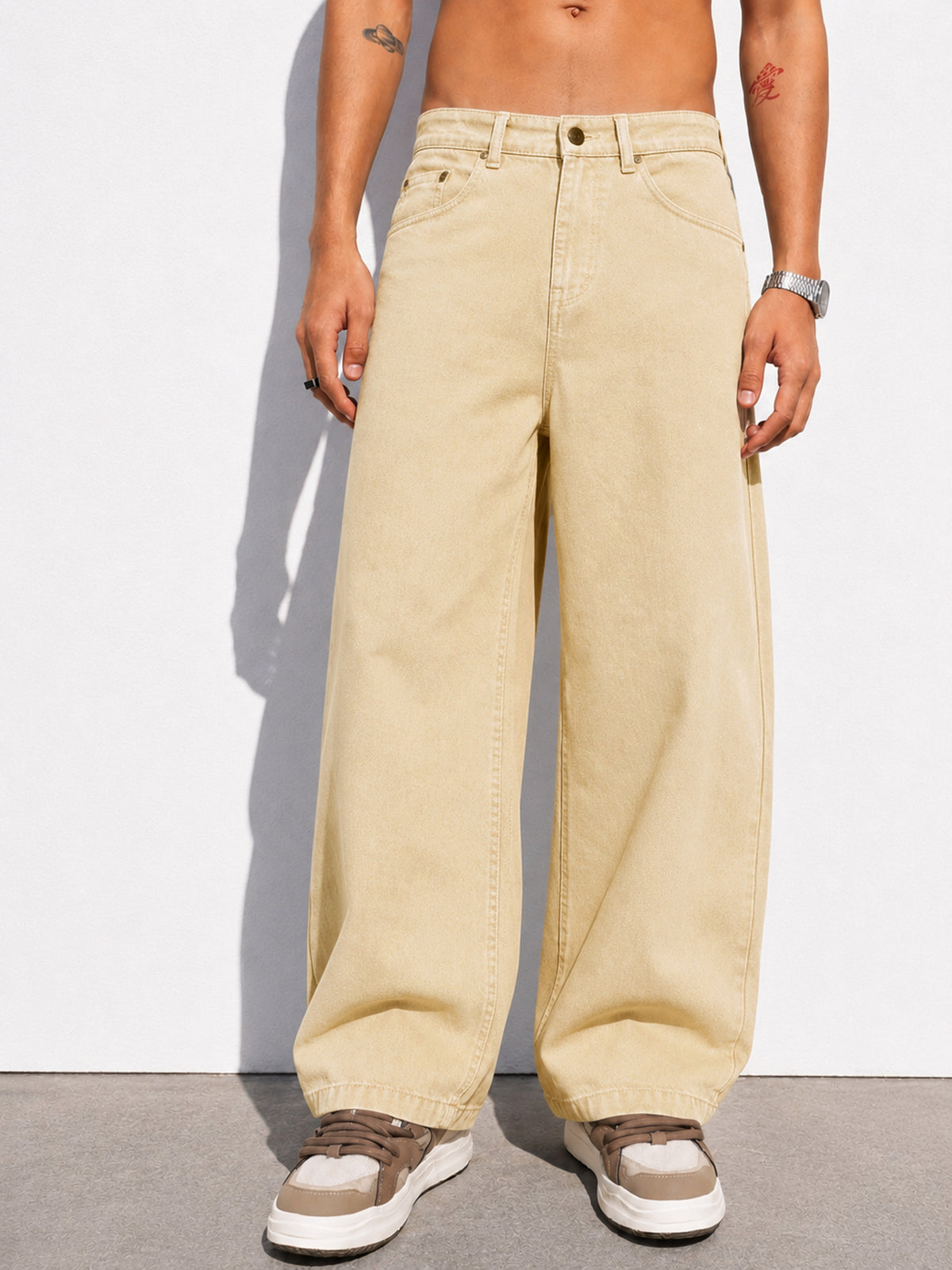 Beige Basic Wide Leg Jeans-MASCLN SASSAFRAS