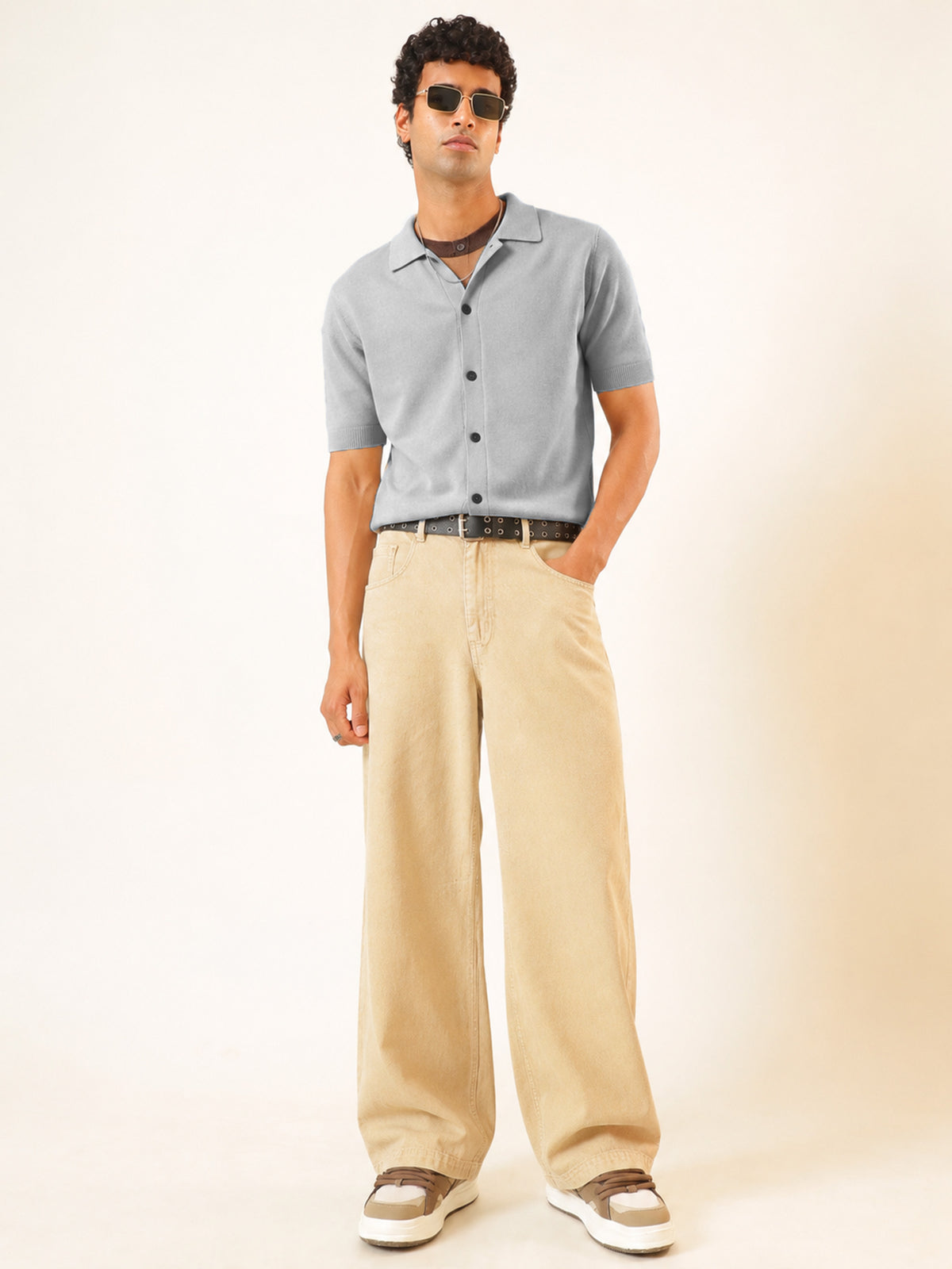 Beige Basic Wide Leg Jeans-MASCLN SASSAFRAS