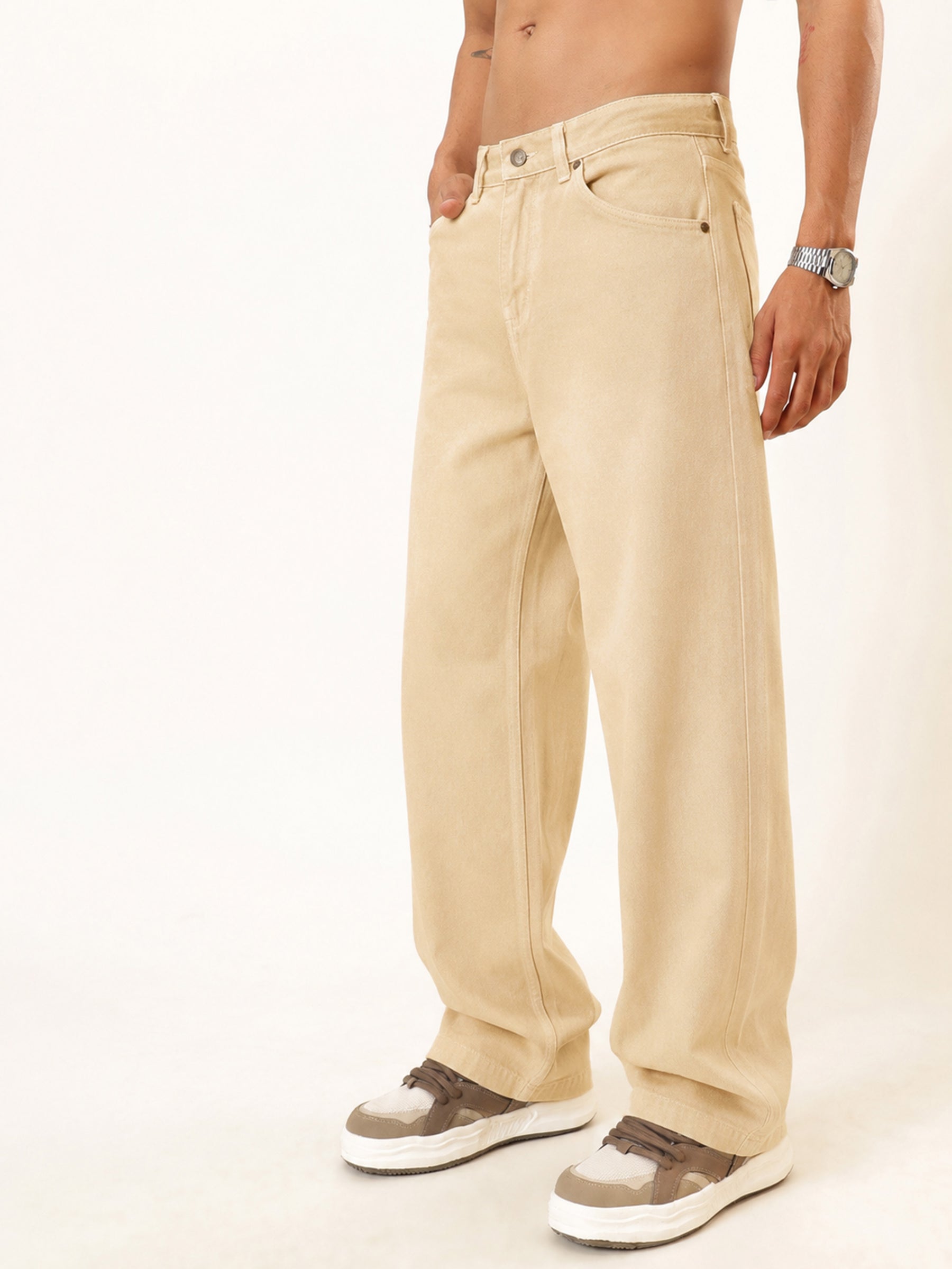 Beige Basic Wide Leg Jeans-MASCLN SASSAFRAS