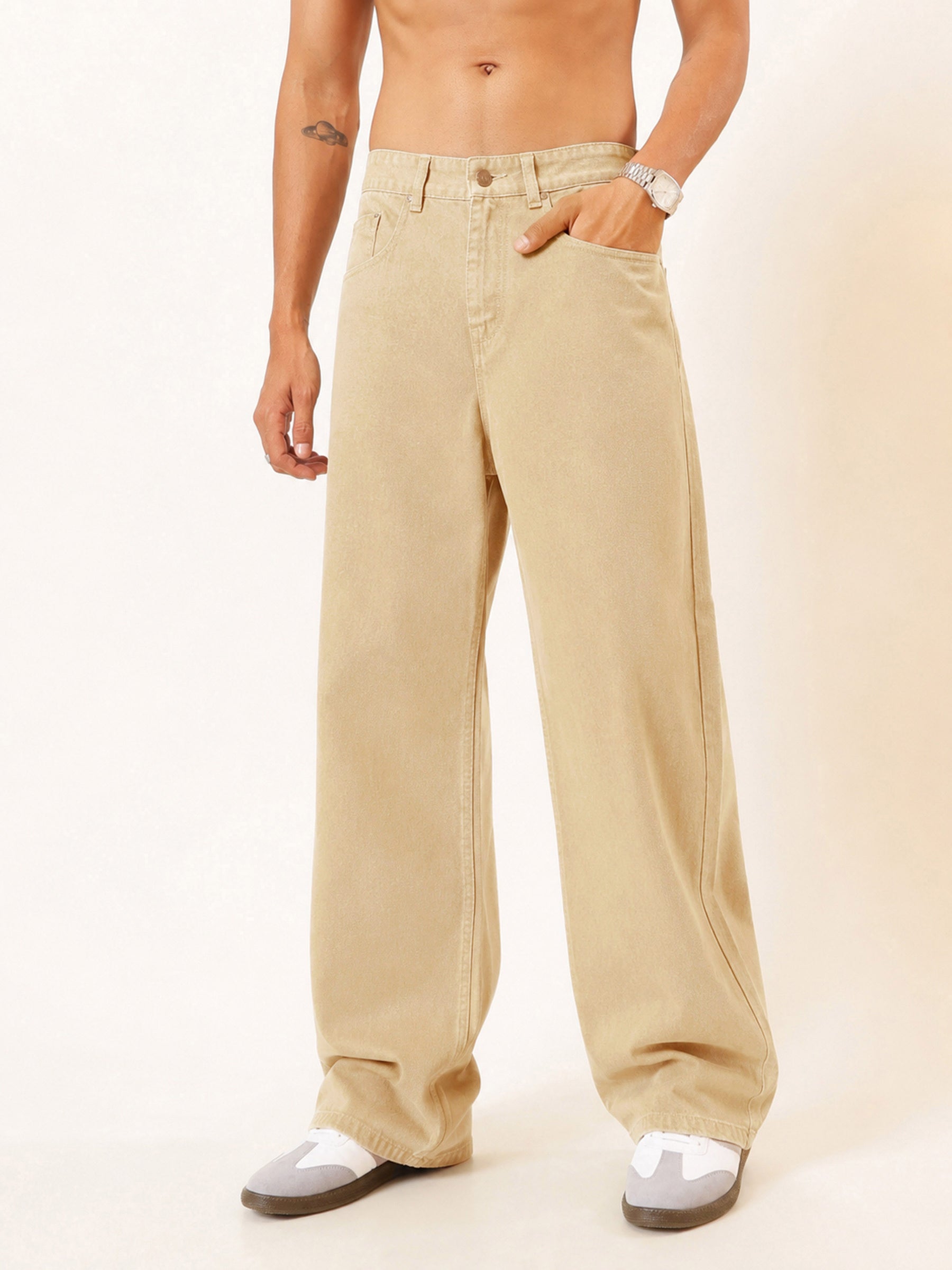 Men Beige Basic Wide Leg Jeans