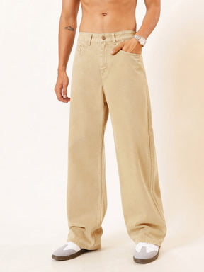 Men Beige Basic Wide Leg Jeans
