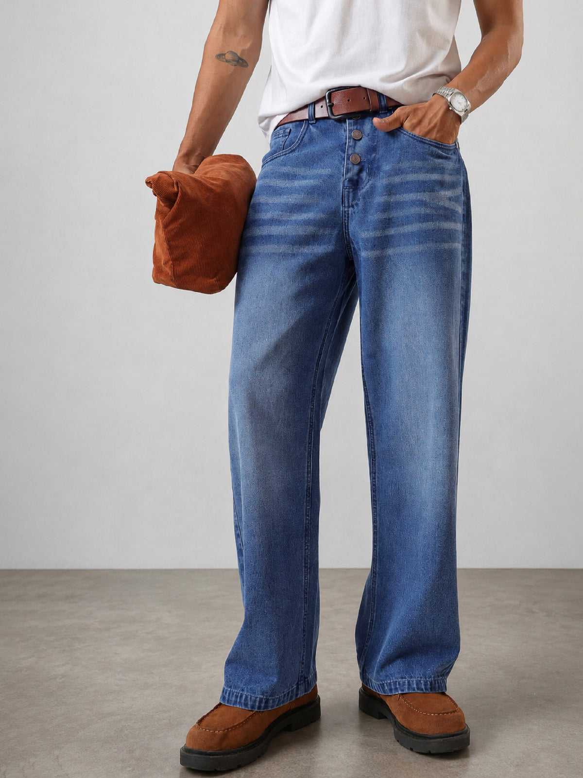 Light Blue Wisker Wash Button Fly Wide Leg Jeans-MASCLN SASSAFRAS