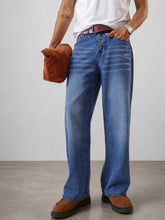 Light Blue Wisker Wash Button Fly Wide Leg Jeans-MASCLN SASSAFRAS