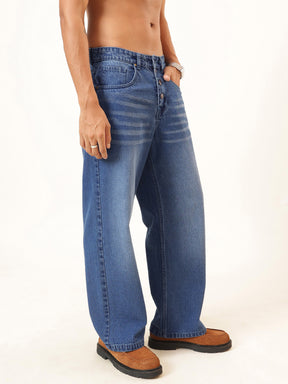 Light Blue Wisker Wash Button Fly Wide Leg Jeans-MASCLN SASSAFRAS
