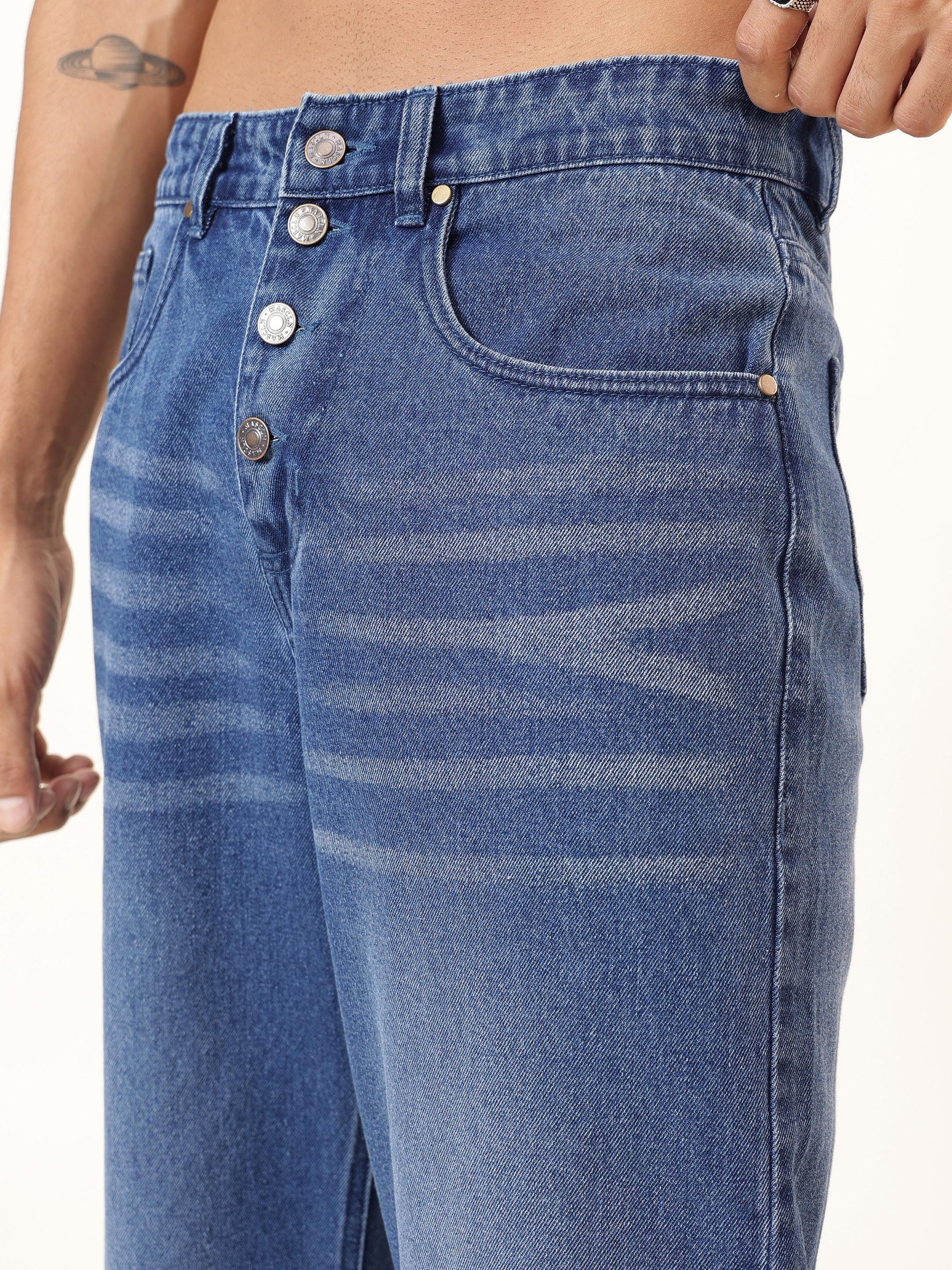 Light Blue Wisker Wash Button Fly Wide Leg Jeans-MASCLN SASSAFRAS