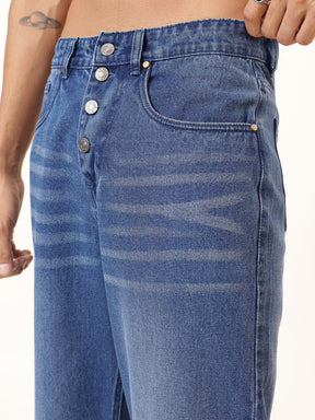 Light Blue Wisker Wash Button Fly Wide Leg Jeans-MASCLN SASSAFRAS
