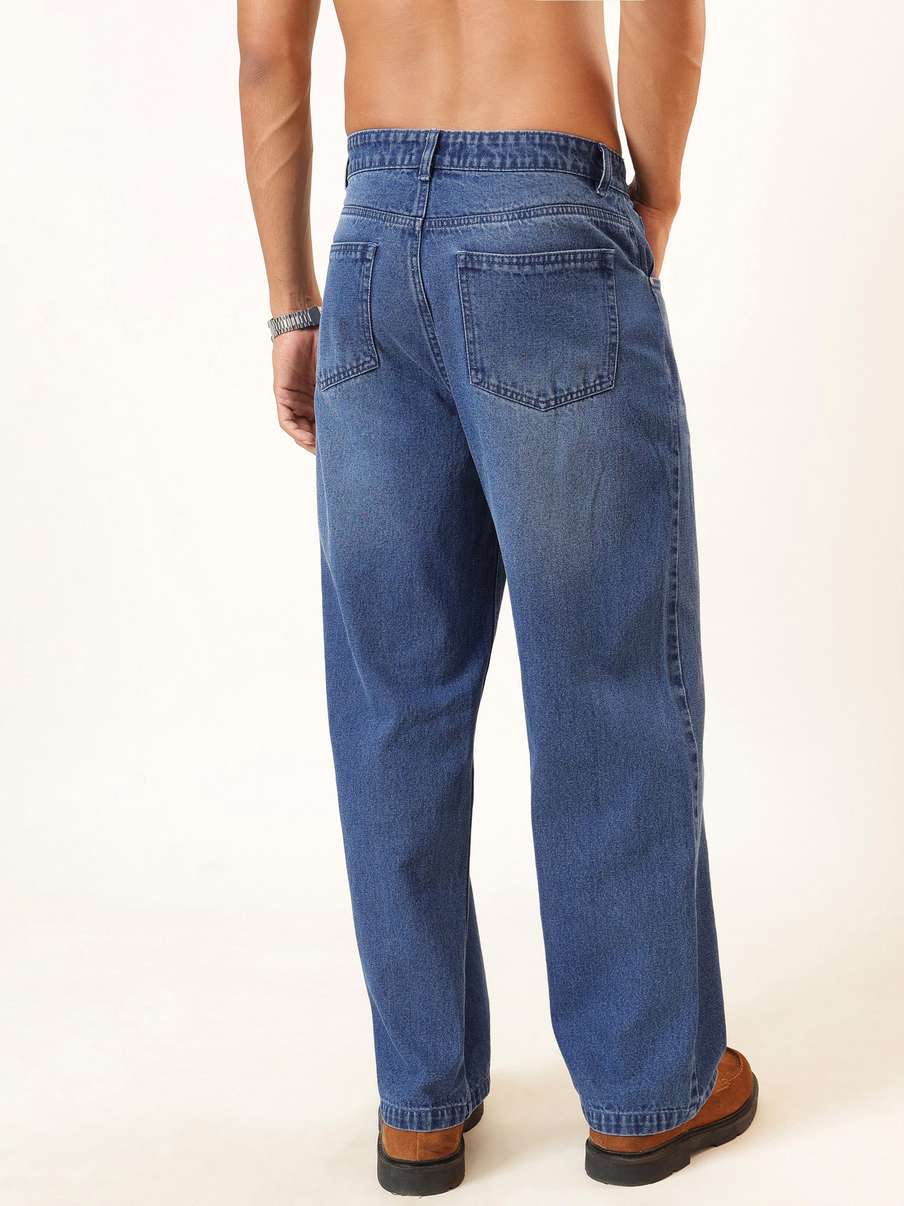 Light Blue Wisker Wash Button Fly Wide Leg Jeans-MASCLN SASSAFRAS