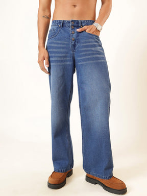 Men Light Blue Wisker Wash Button Fly Wide Leg Jeans
