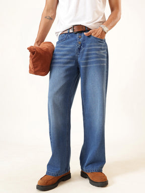 Men Light Blue Wisker Wash Button Fly Wide Leg Jeans