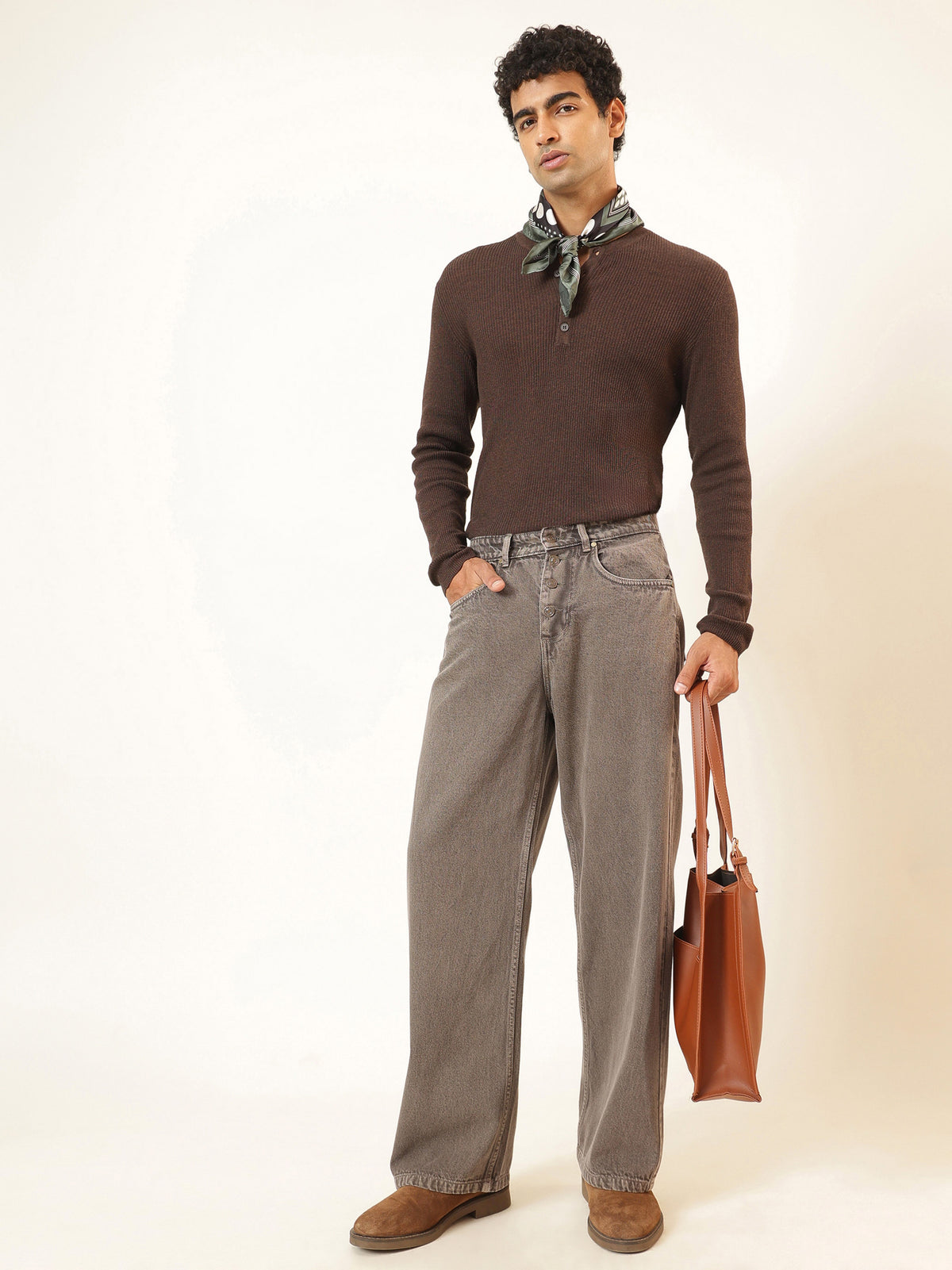 Lihjt Grey Wisker wash Button Fly Wide Leg Jeans-MASCLN SASSAFRAS