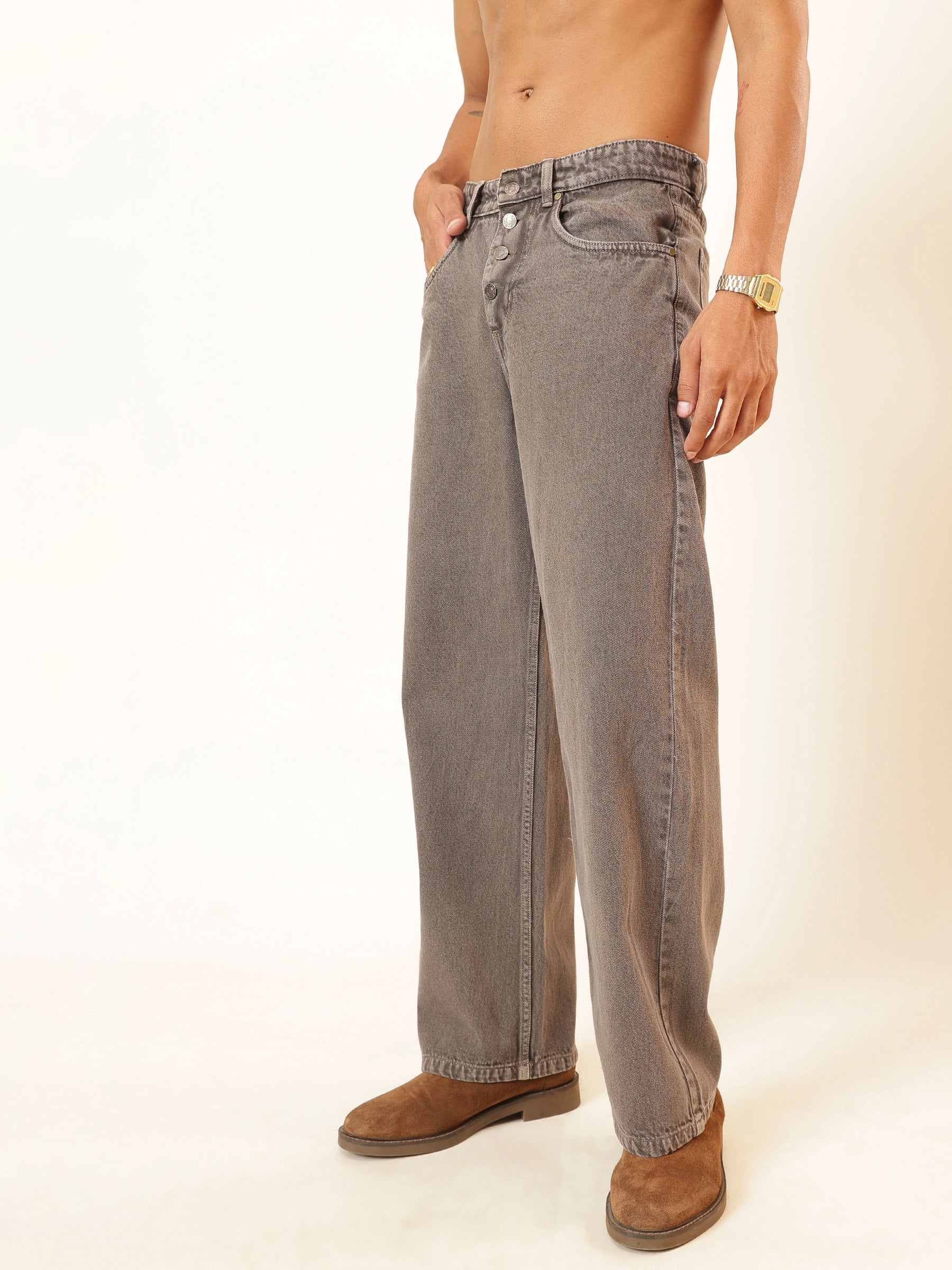 Lihjt Grey Wisker wash Button Fly Wide Leg Jeans-MASCLN SASSAFRAS