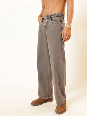 Lihjt Grey Wisker wash Button Fly Wide Leg Jeans-MASCLN SASSAFRAS