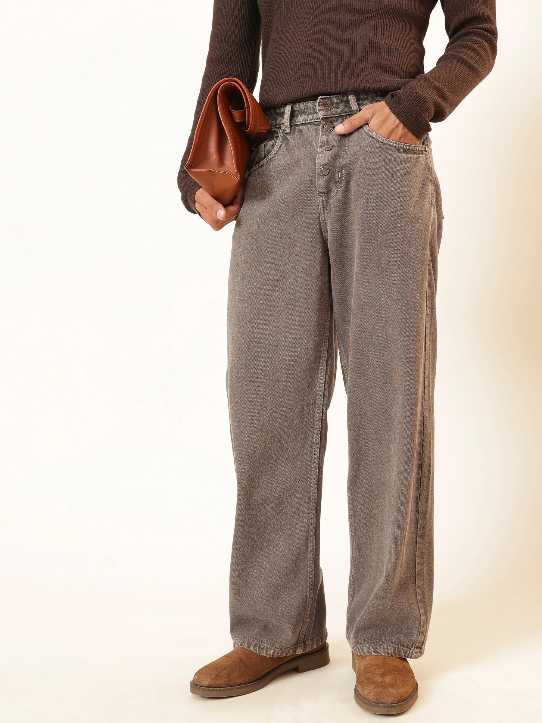 Men Lihjt Grey Wisker wash Button Fly Wide Leg Jeans