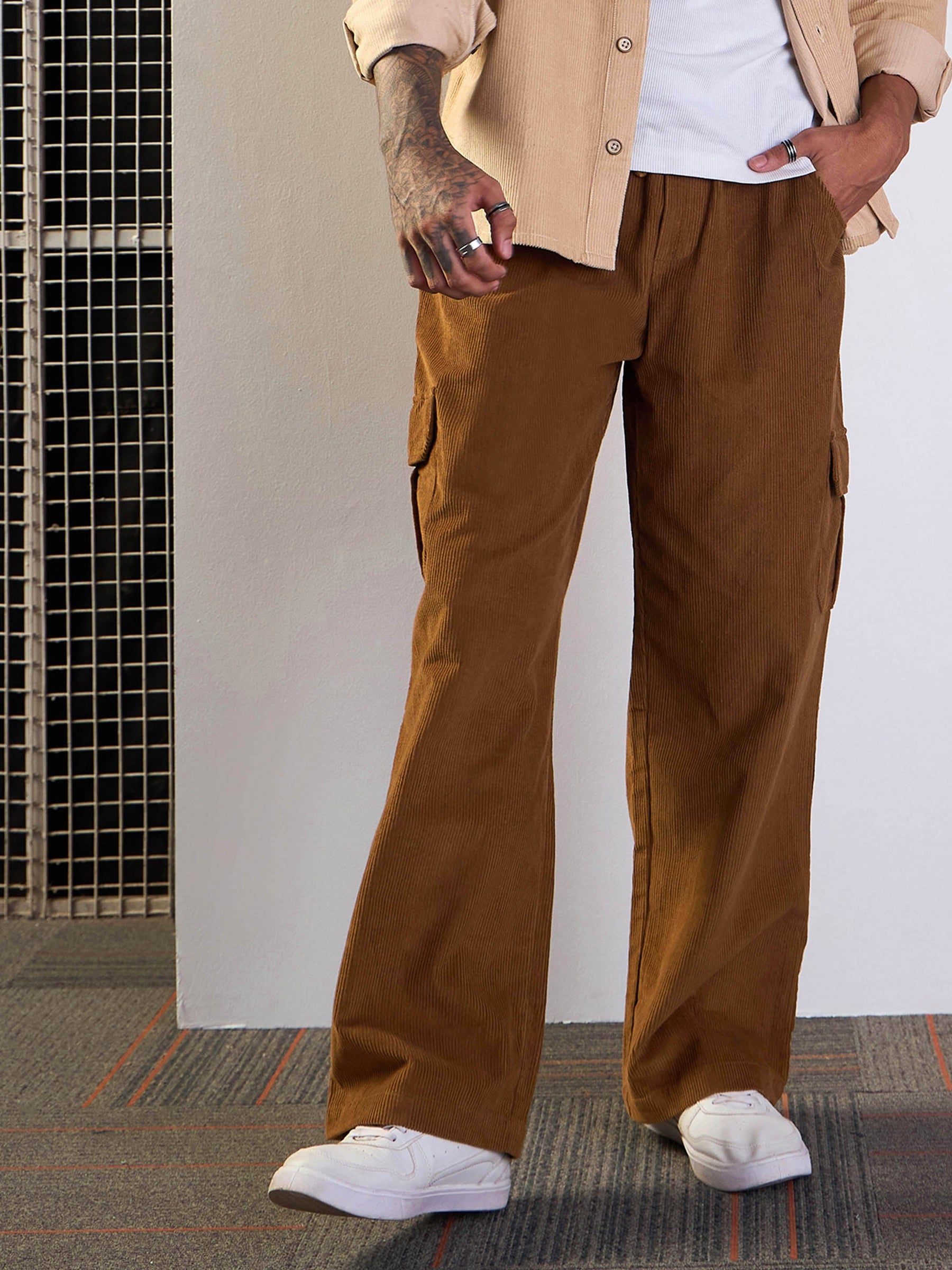 Men Brown Corduroy Side Pocket Cargo Pants - Main Image