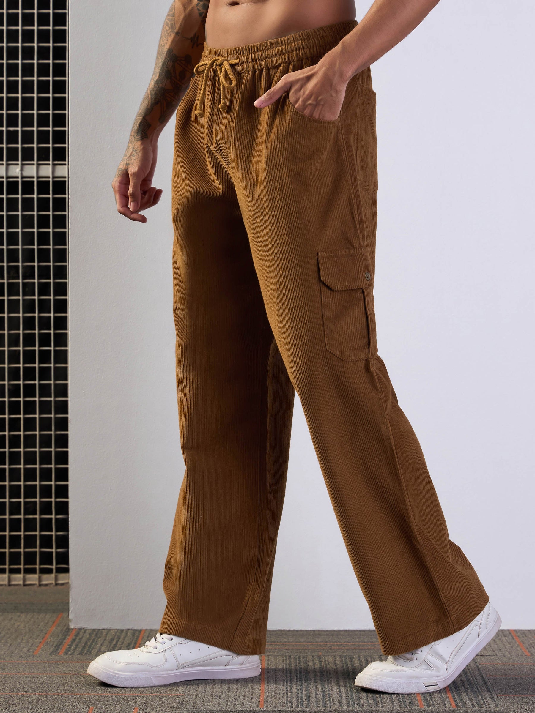 Brown Corduroy Side Pocket Cargo Pants-MASCLN SASSAFRAS