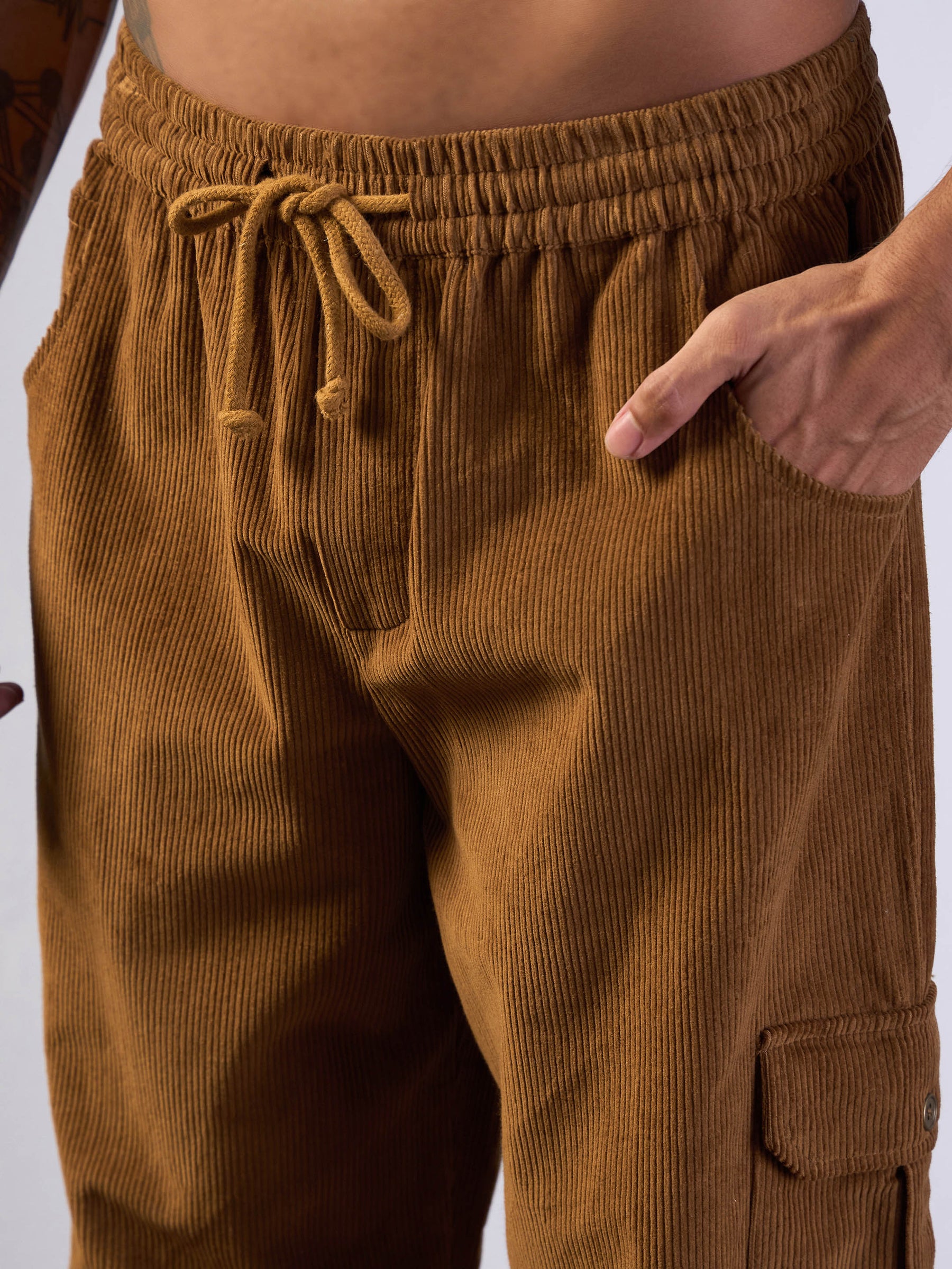 Brown Corduroy Side Pocket Cargo Pants-MASCLN SASSAFRAS