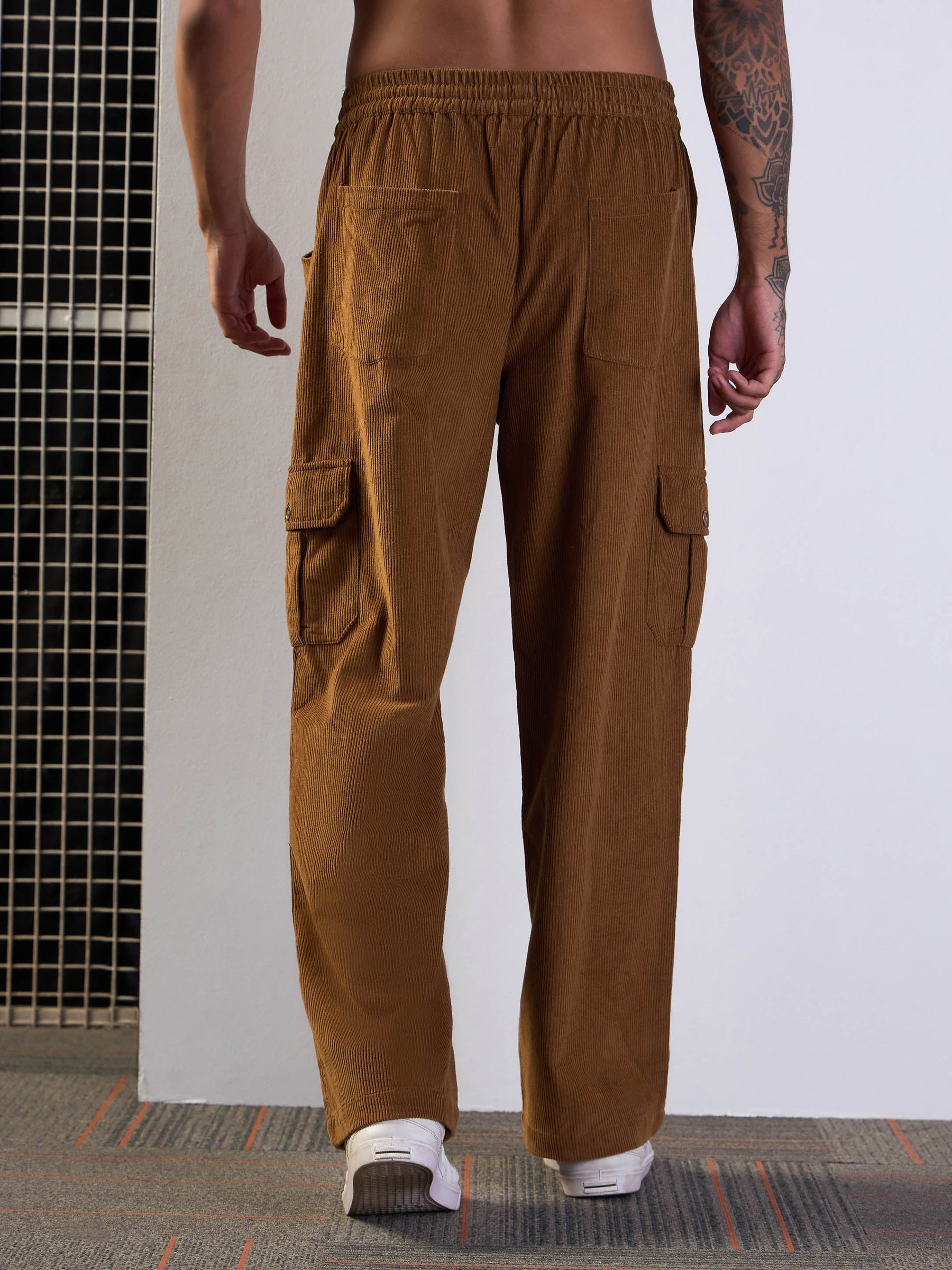 Brown Corduroy Side Pocket Cargo Pants-MASCLN SASSAFRAS