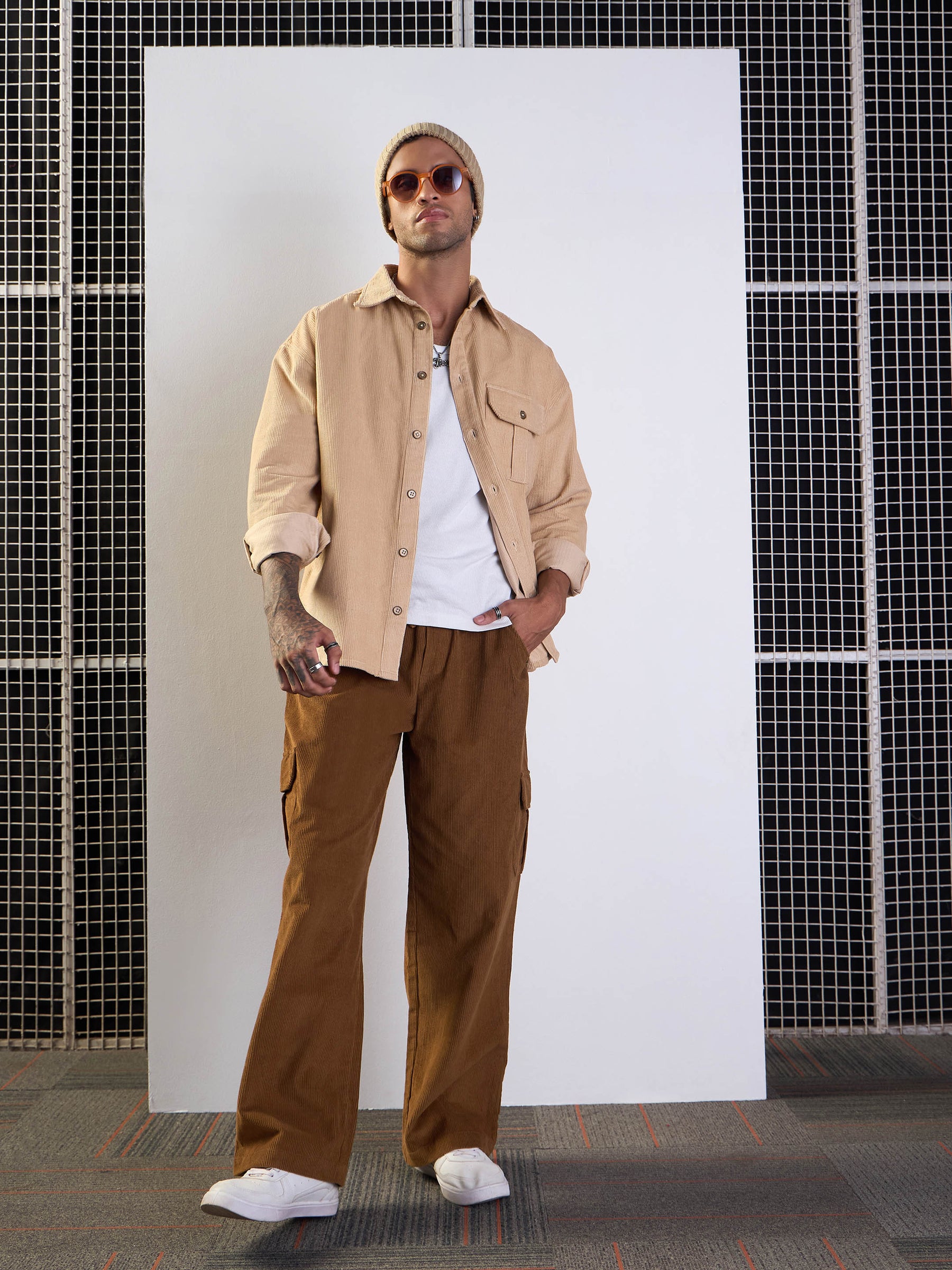 Brown Corduroy Side Pocket Cargo Pants-MASCLN SASSAFRAS