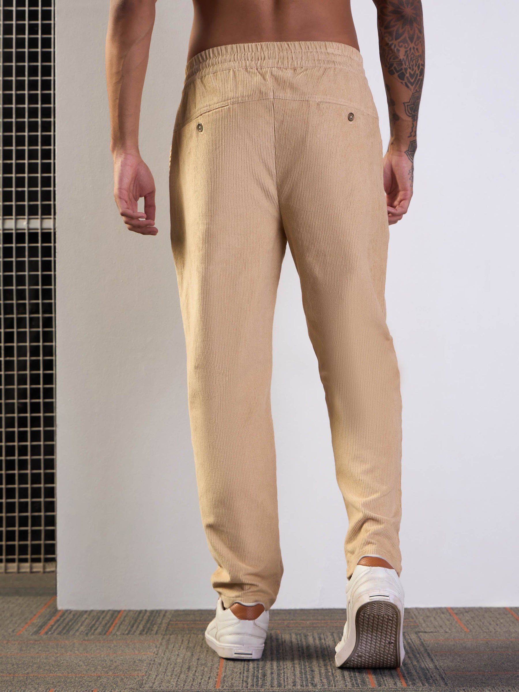 Beige Corduroy Elasticated Pants-MASCLN SASSAFRAS