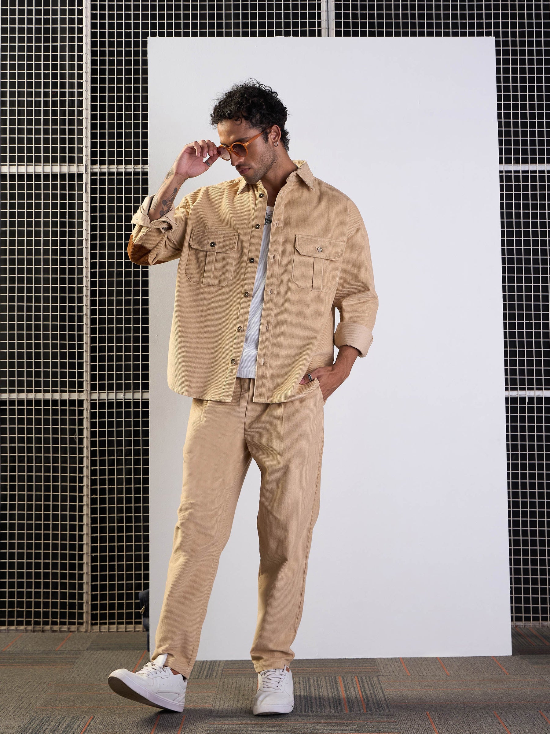 Beige Corduroy Elasticated Pants-MASCLN SASSAFRAS