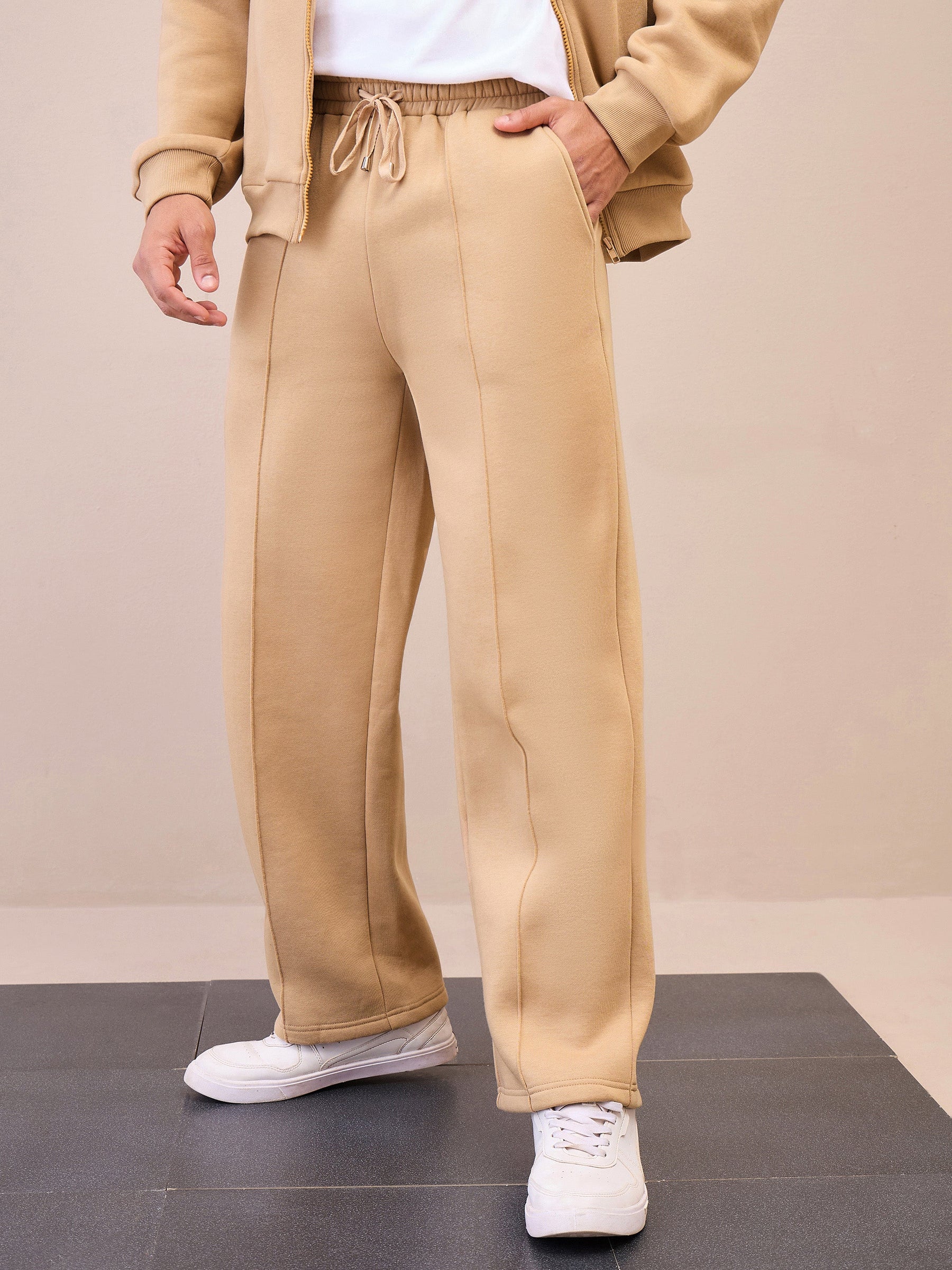 Beige Pintuck Oversize Sweatpants-MASCLN SASSAFRAS