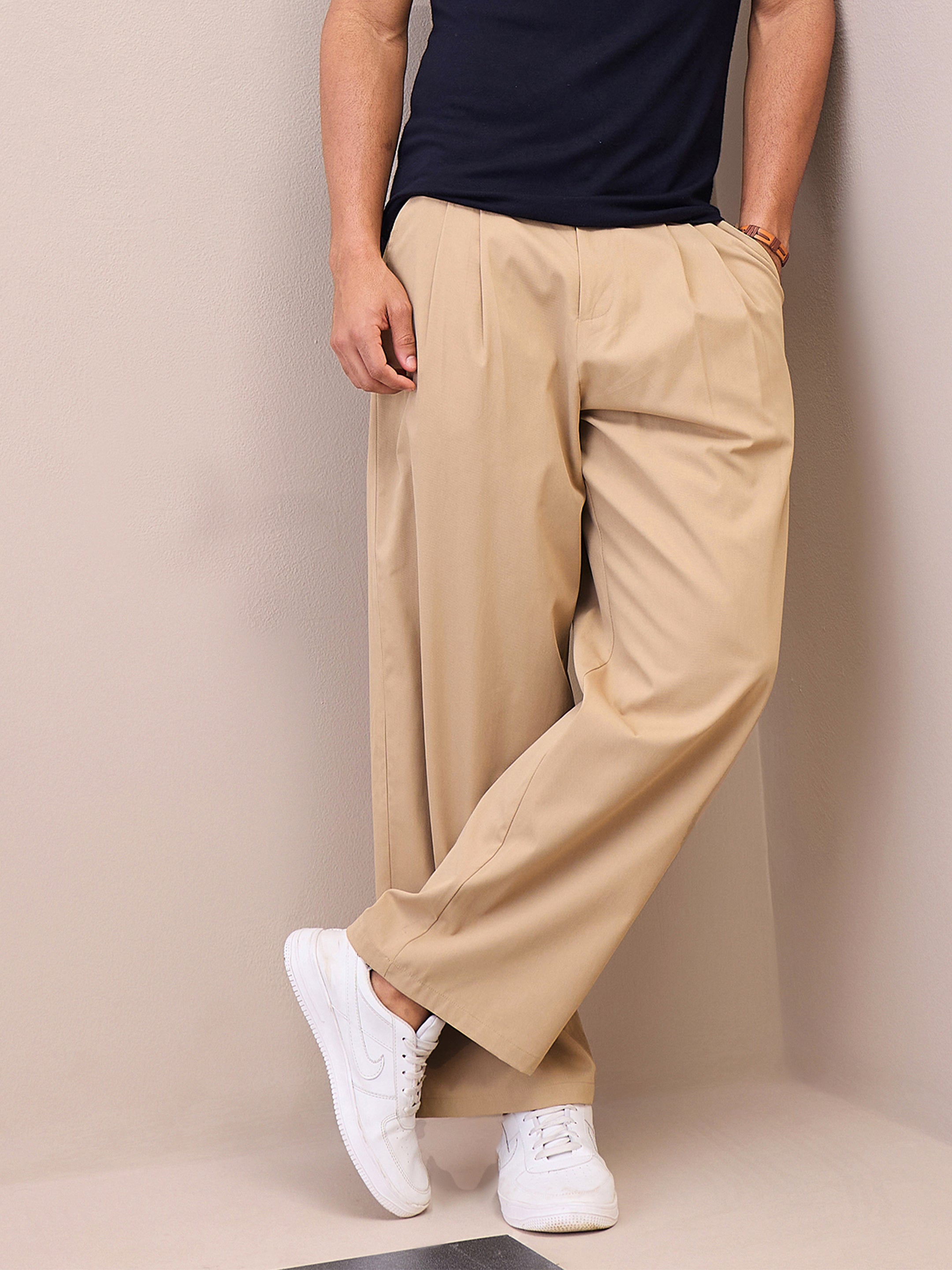 Beige Front Pleated Korean Pants-MASCLN SASSAFRAS