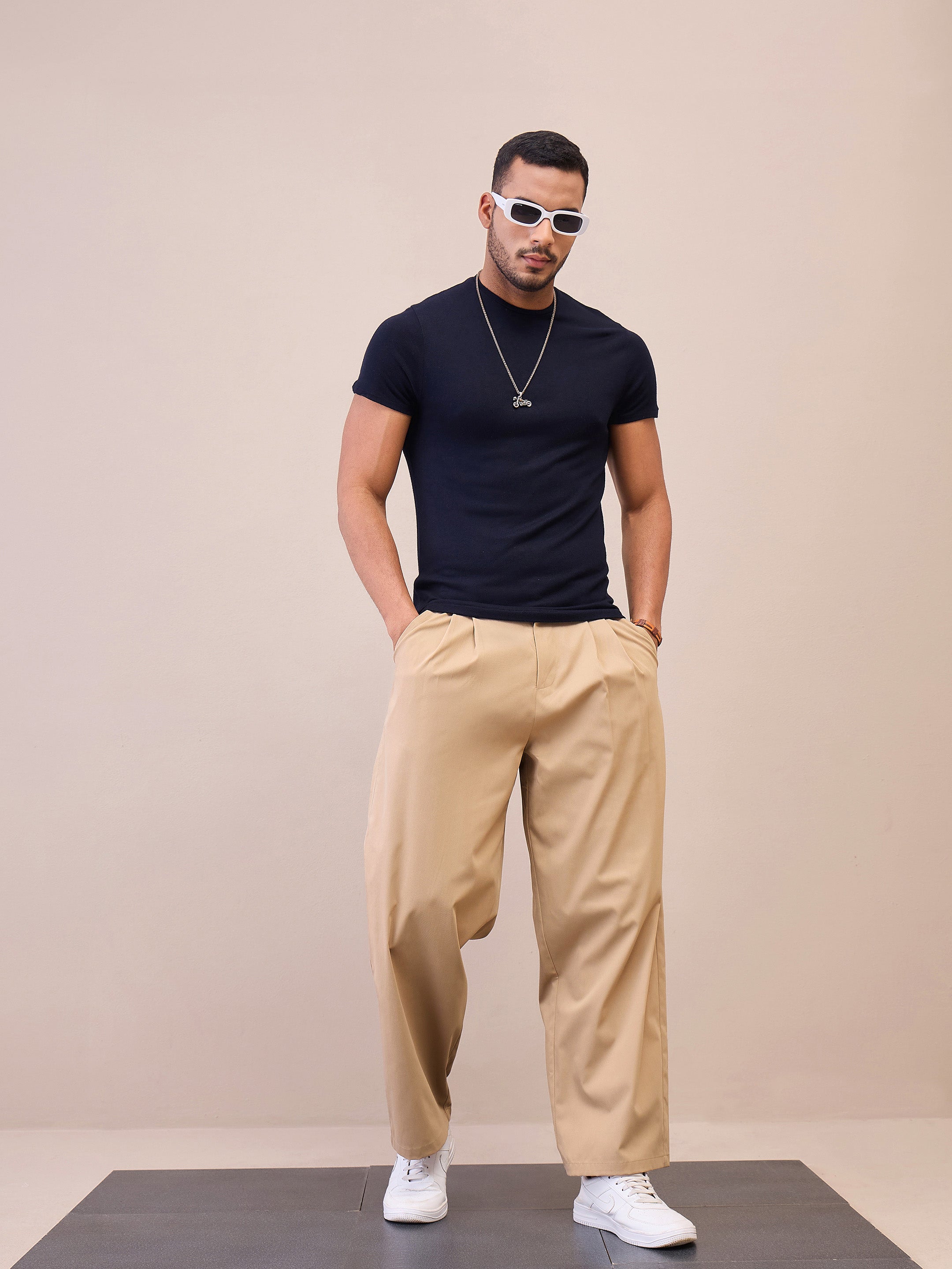 Beige Front Pleated Korean Pants-MASCLN SASSAFRAS