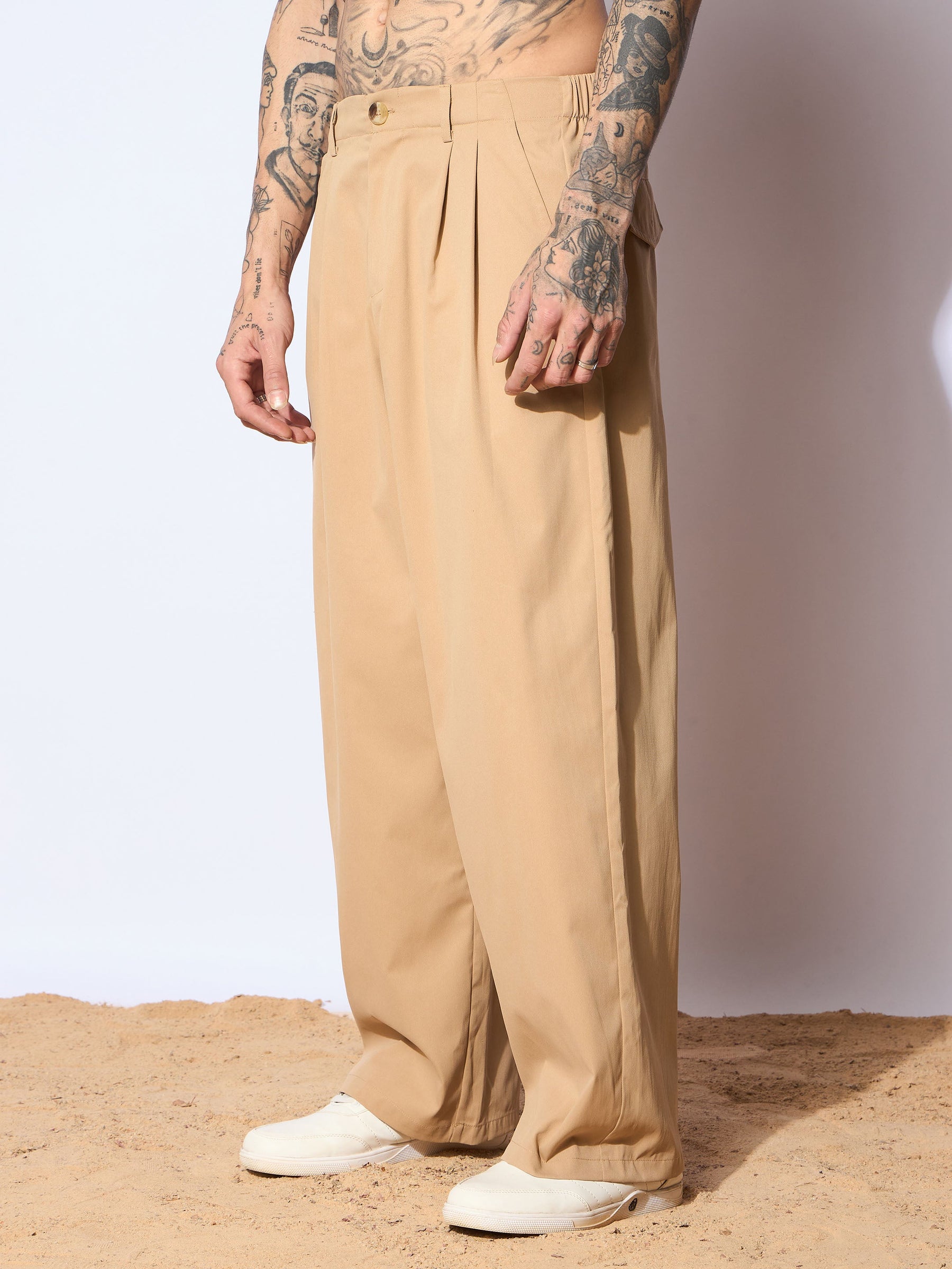 Beige Front Pleated Korean Pants-MASCLN SASSAFRAS