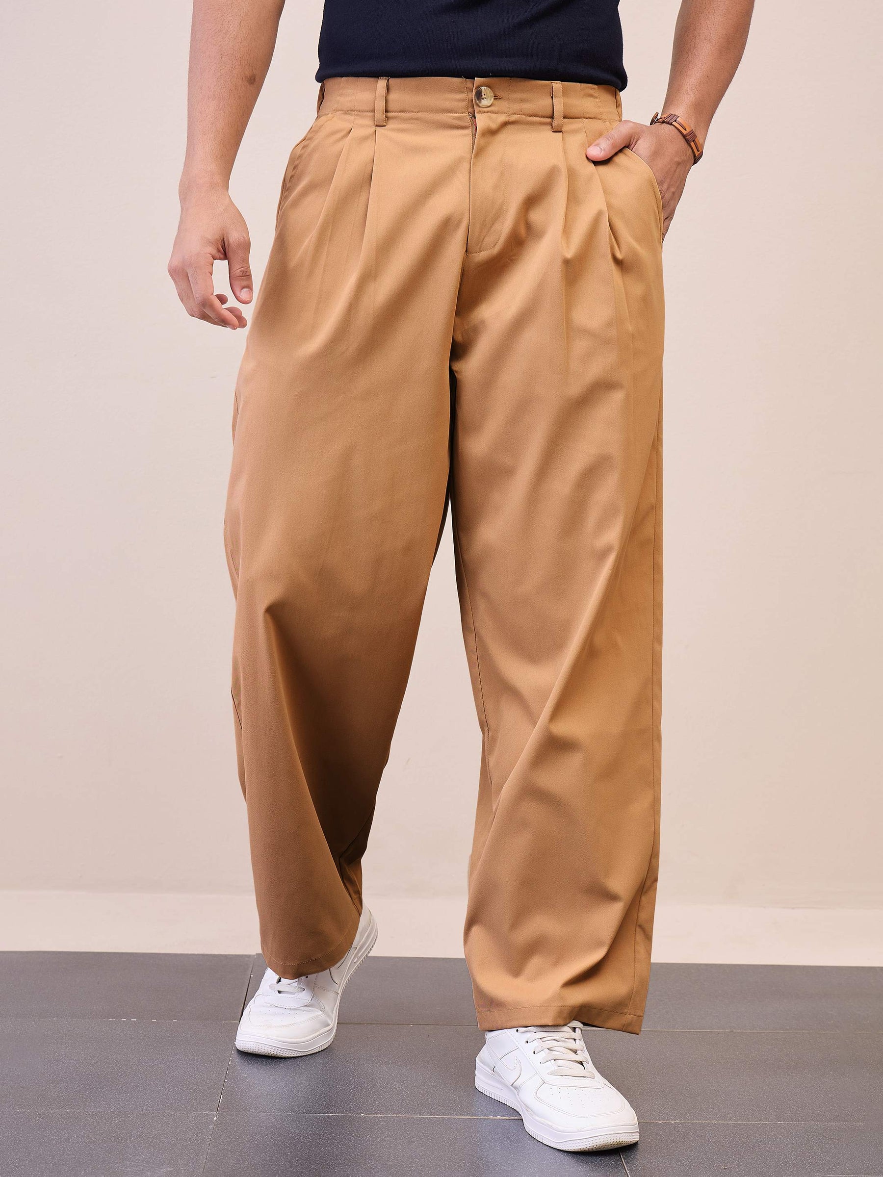 Brown Front Pleated Korean Pants-MASCLN SASSAFRAS